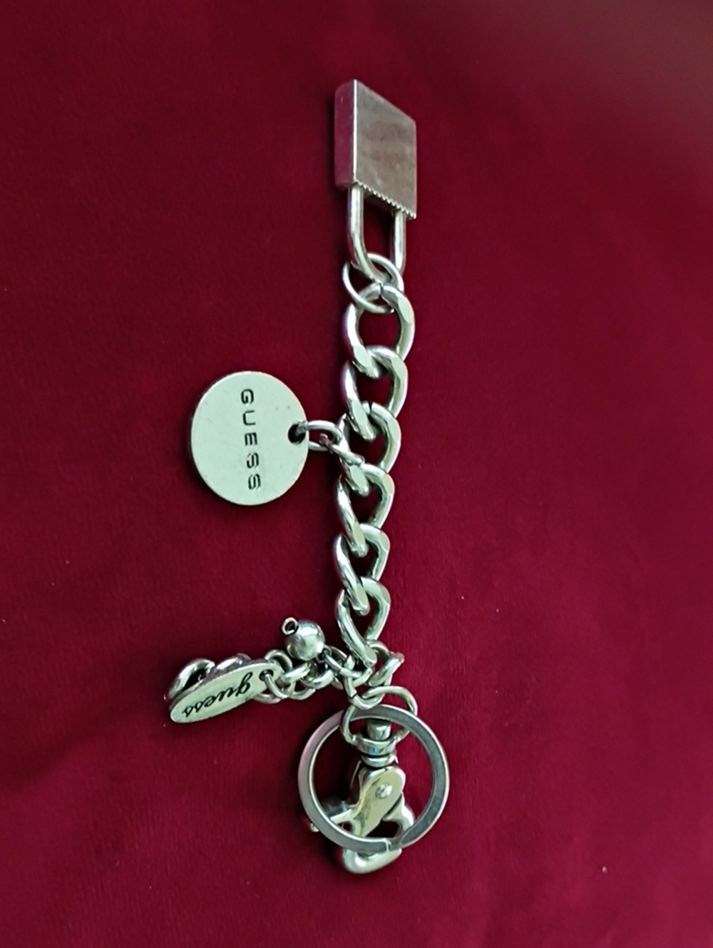 Guess Silver-Tone Chain Charm Keyring with Logo Disc